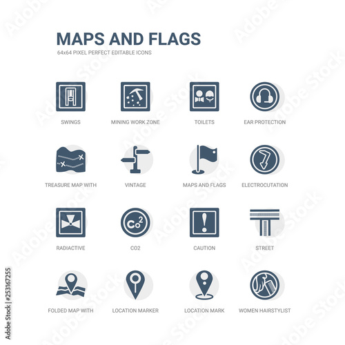 simple set of icons such as women hairstylist, location mark, location marker, folded map with position mark, street, caution, co2, radiactive, electrocutation danger, maps and flags. related maps