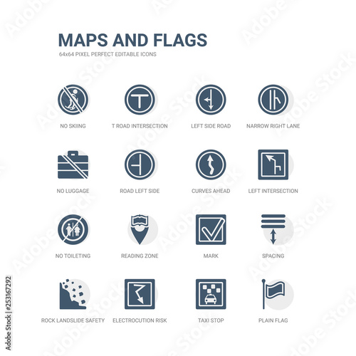 simple set of icons such as plain flag, taxi stop, electrocution risk, rock landslide safety, spacing, mark, reading zone, no toileting, left intersection, curves ahead. related maps and flags icons