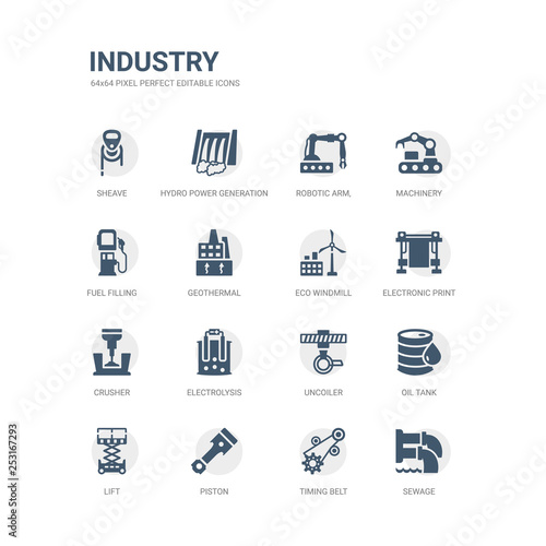 simple set of icons such as sewage, timing belt, piston, lift, oil tank, uncoiler, electrolysis, crusher, electronic print machine, eco windmill. related industry icons collection. editable 64x64