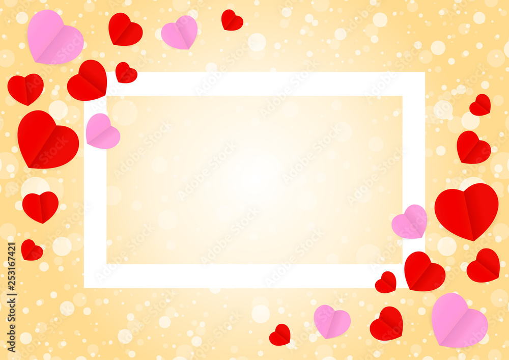 empty white frame and red pink heart shape for template banner valentines card background, many hearts shape on orange gradient soft for valentine backgrounds, image orange with heart-shape decoration empty white frame and red pink heart shape for template banner valentines card background, many hearts shape on orange gradient soft for valentine backgrounds, image orange with heart-shape decoration