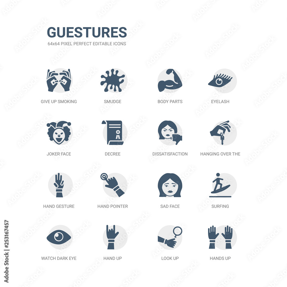 simple set of icons such as hands up, look up, hand up, watch dark eye, surfing, sad face, hand pointer, hand gesture, hanging over the key, dissatisfaction. related guestures icons collection.