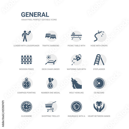 simple set of icons such as heart between hands, insurance with a button, shopping trolley, clockwise, cd record, wolf howling, number one medal, compass pointing south east, stepladder, watering