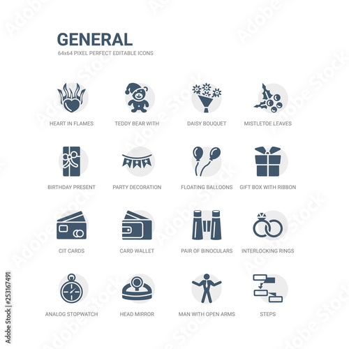 simple set of icons such as steps, man with open arms, head mirror, analog stopwatch, interlocking rings, pair of binoculars, card wallet, cit cards, gift box with ribbon, floating balloons. related