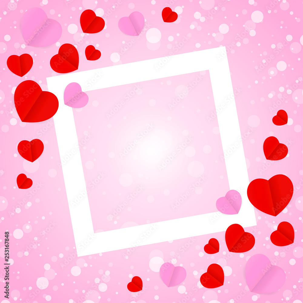 square white frame and red pink heart shape for template banner valentines card background, many hearts shape on pink gradient soft for valentine backgrounds, image pink with heart-shape decoration