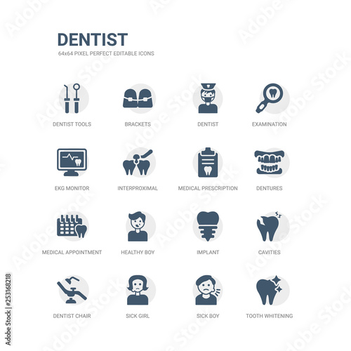 simple set of icons such as tooth whitening, sick boy, sick girl, dentist chair, cavities, implant, healthy boy, medical appointment, dentures, medical prescription. related dentist icons