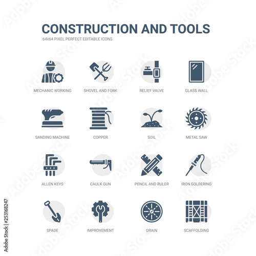 simple set of icons such as scaffolding, drain, improvement, spade, iron soldering, pencil and ruler, caulk gun, allen keys, metal saw, soil. related construction and tools icons collection.