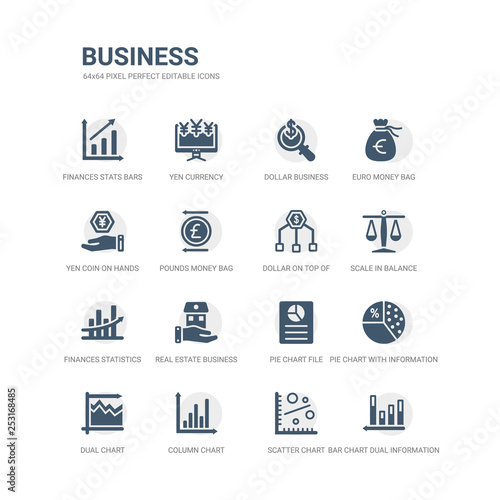 simple set of icons such as bar chart dual information, scatter chart, column chart, dual pie with information, pie file, real estate business house on a hand, finances statistics descending bars