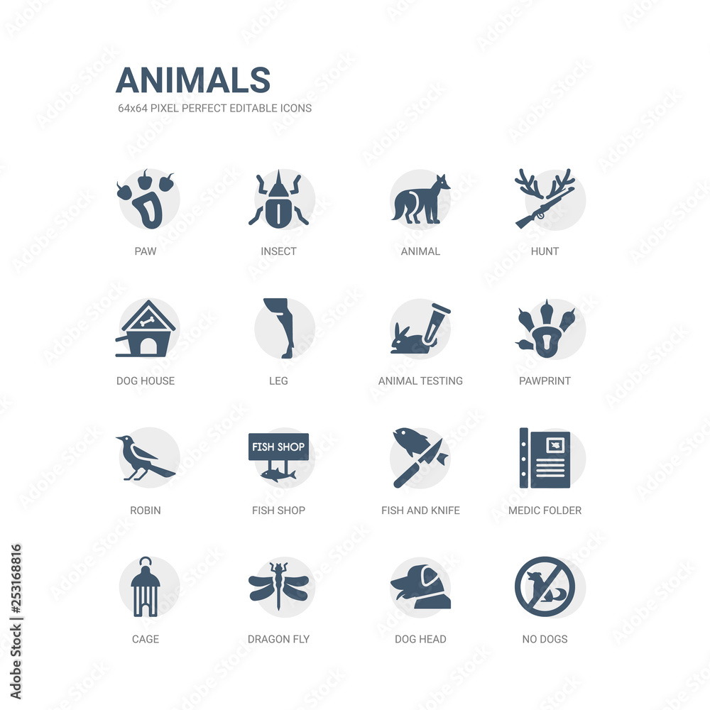 simple set of icons such as no dogs, dog head, dragon fly, cage, medic folder, fish and knife, fish shop, robin, pawprint, animal testing. related animals icons collection. editable 64x64 pixel