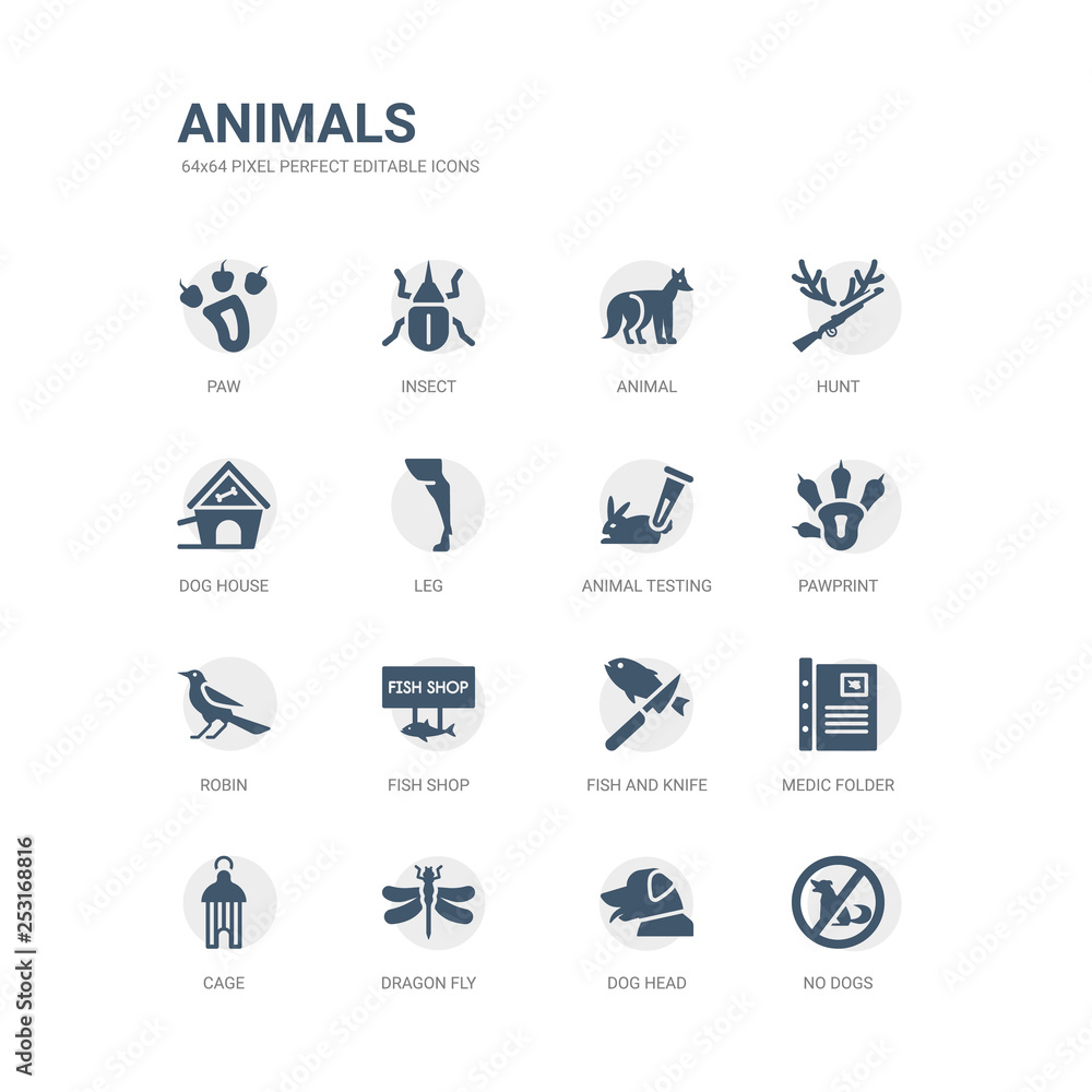 Simple Set Of Icons Such As No Dogs Dog Head Dragon Fly Cage Medic Folder Fish And Knife Fish Shop Robin Pawprint Animal Testing Related Animals Icons Collection Editable 64x64 Pixel Stock