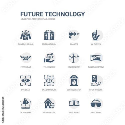 simple set of icons such as ar glasses, vr glasses, smart house, hologram, stethoscope, egg incubator, dna structure, eye scan, panoramic view, eolic energy. related future technology icons