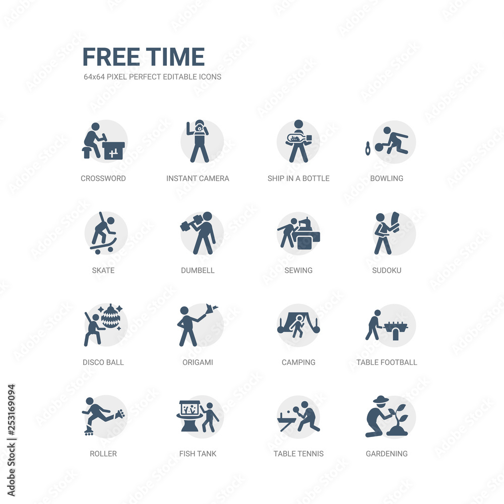simple set of icons such as gardening, table tennis, fish tank, roller, table football, camping, origami, disco ball, sudoku, sewing. related free time icons collection. editable 64x64 pixel simple set of icons such as gardening, table tennis, fish tank, roller, table football, camping, origami, disco ball, sudoku, sewing. related free time icons collection. editable 64x64 pixel