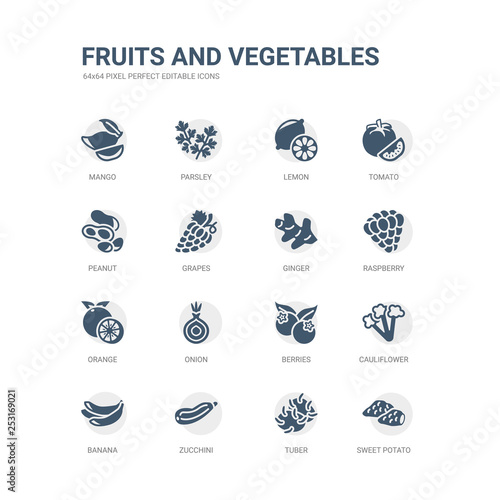 simple set of icons such as sweet potato, tuber, zucchini, banana, cauliflower, berries, onion, orange, raspberry, ginger. related fruits and vegetables icons collection. editable 64x64 pixel
