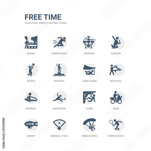 simple set of icons such as tennis racket, parachuting, baseball field, airship, quad, climb, badminton, workout, multitool, hang glider. related free time icons collection. editable 64x64 pixel