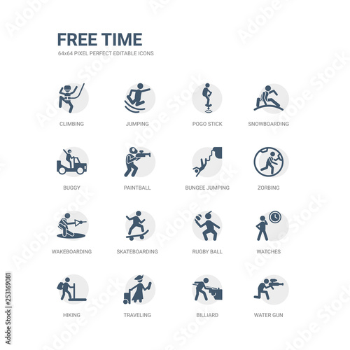 simple set of icons such as water gun, billiard, traveling, hiking, watches, rugby ball, skateboarding, wakeboarding, zorbing, bungee jumping. related free time icons collection. editable 64x64