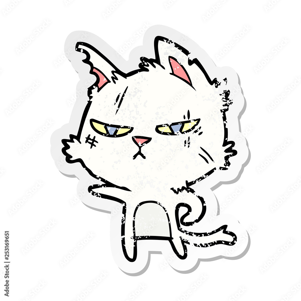 distressed sticker of a tough cartoon cat pointing distressed sticker of a tough cartoon cat pointing