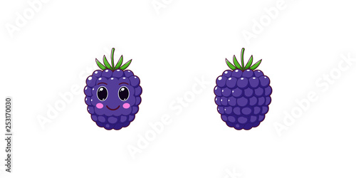 Cute Kawaii Blackberry, Cartoon Ripe Fruit. Vector
