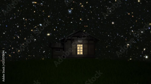 Lonely House with Stars and Galaxies Spinning around