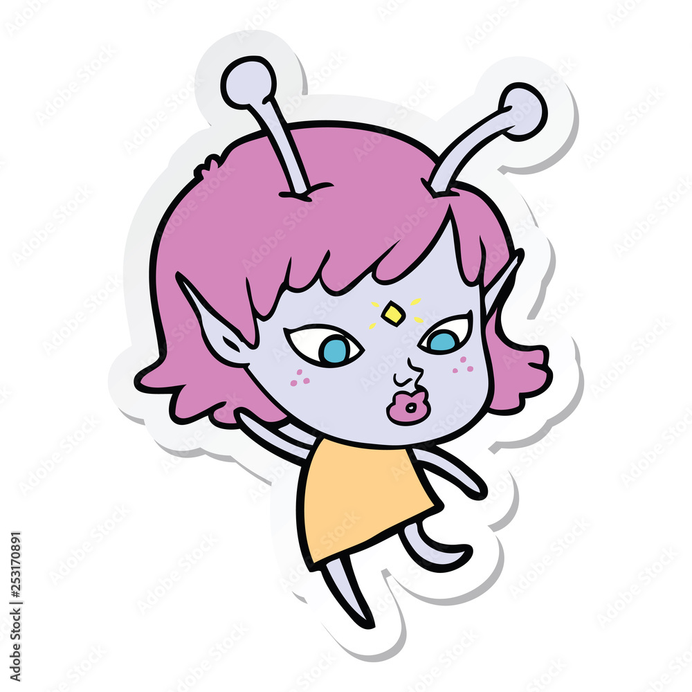 sticker of a pretty cartoon alien girl dancing sticker of a pretty cartoon alien girl dancing