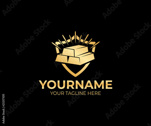 Gold bars glisten in shield, logo design. Jewelry, financial and security, vector design and illustration