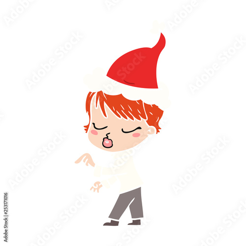 flat color illustration of a woman with eyes shut wearing santa hat