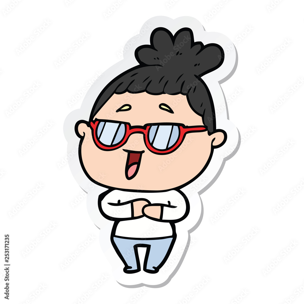 sticker of a cartoon happy woman wearing spectacles