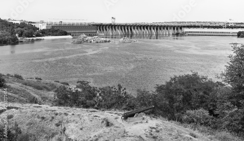 Khortytsia island, Dnieper River and hydroelectric power plant. Zaporizhia, Ukraine. photo