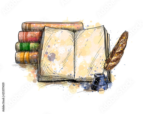 Stack of books, open book and quill pen