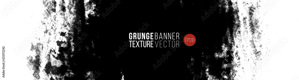 Obraz premium Grungy texture horizontal banner. Vector hand drawn ink brush stain. Grayscale painted stroke. Monochrome artistic backdrop.
