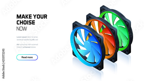 Computer fan with color led lighting for cpu cooler or pc case, 3d realistic isometric illustration, custom gaming and workstation components, computer components and accessories store