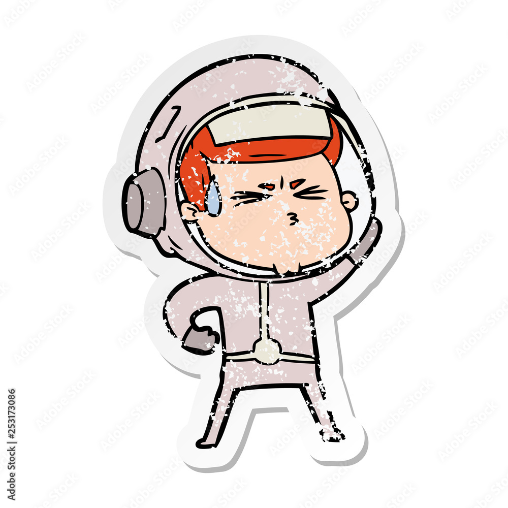 distressed sticker of a cartoon stressed astronaut