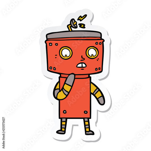sticker of a uncertain cartoon robot