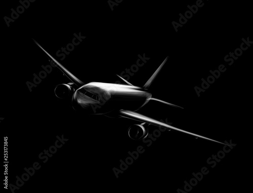 Passenger airplane on a black background, hand drawn