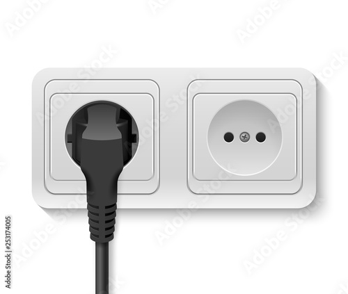 Realistic Vector 3d Black Plug Inserted in a Wall Socket Icon Closeup Isolated on White Background. Design Template of Plug into the Power Lines, Electric Cord. Device for Connecting Electricity