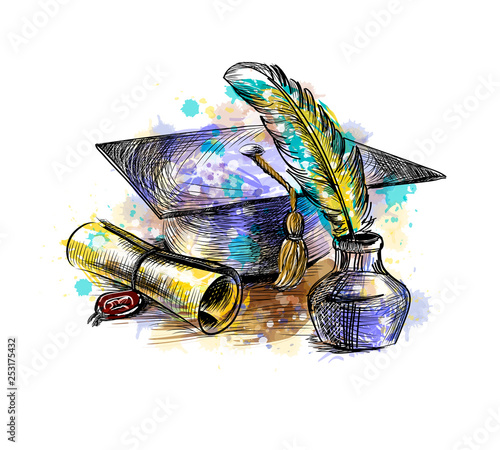 diploma of graduation with a graduate cap and pen