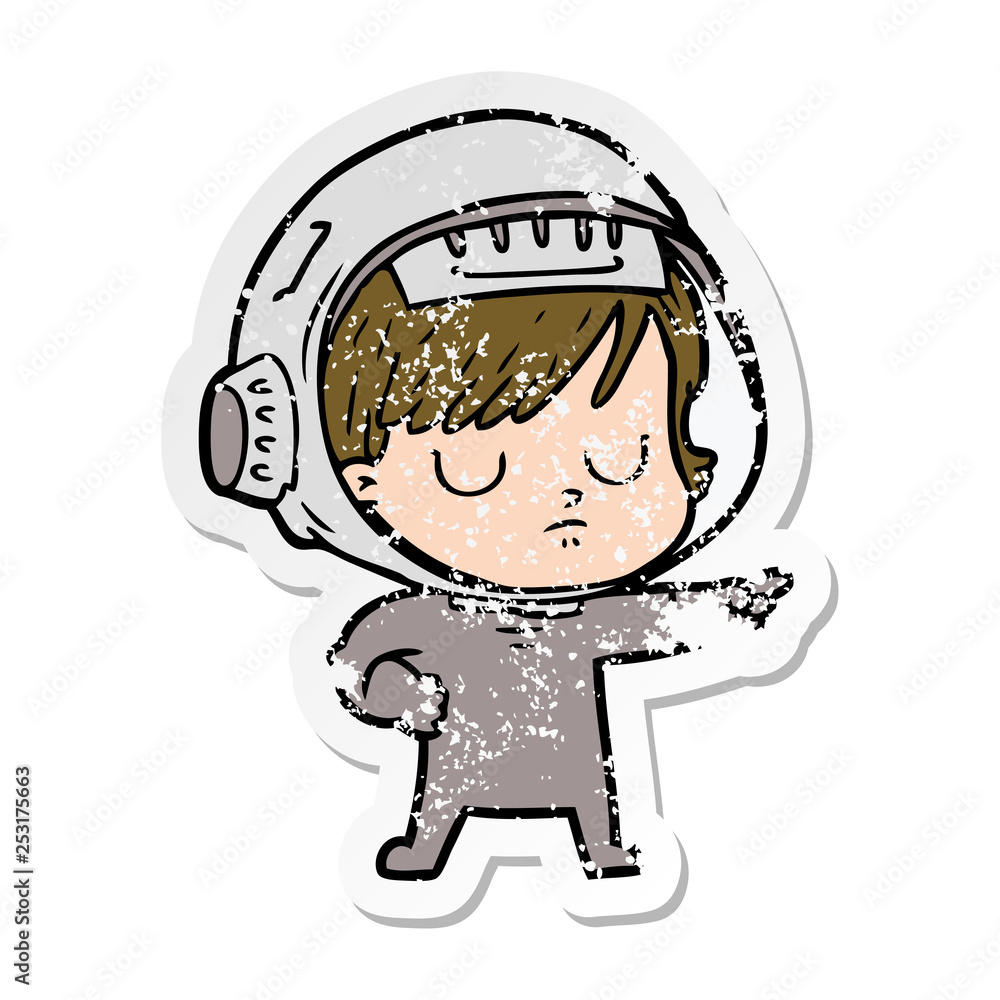 distressed sticker of a cartoon astronaut woman distressed sticker of a cartoon astronaut woman