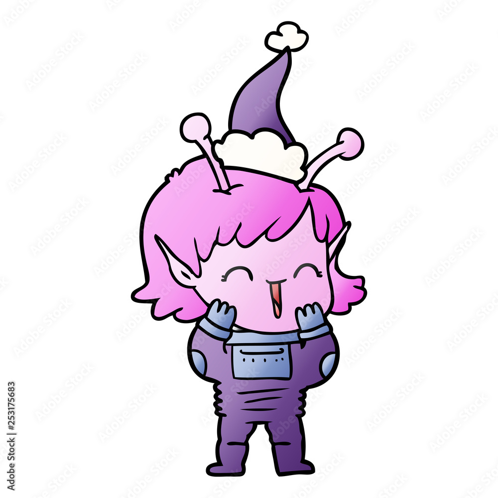 gradient cartoon of a alien girl giggling wearing santa hat gradient cartoon of a alien girl giggling wearing santa hat