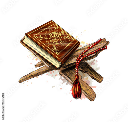 Holy book of Koran with rosary from splash of watercolors. Muslim holiday, Eid Mubarak, Eid al-fitr, Ramadan Kareem. Hand drawn sketch