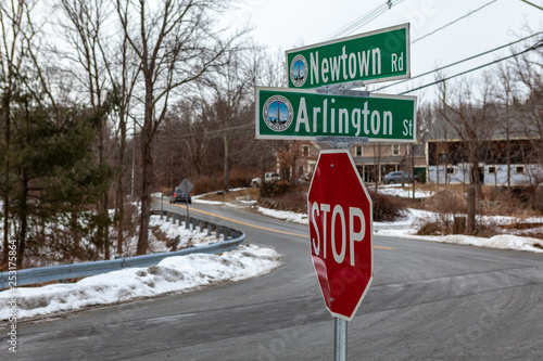 Wallpaper Mural Acton, United States, February 27, 2019. Forest road with double yellow line in winter time, Massachusetts, United States Torontodigital.ca