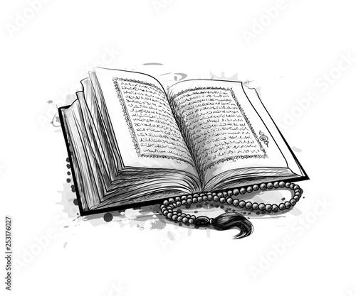 Holy book of Koran with rosary. Muslim holiday, Eid Mubarak, Eid al-fitr, Ramadan Kareem. Hand drawn sketch