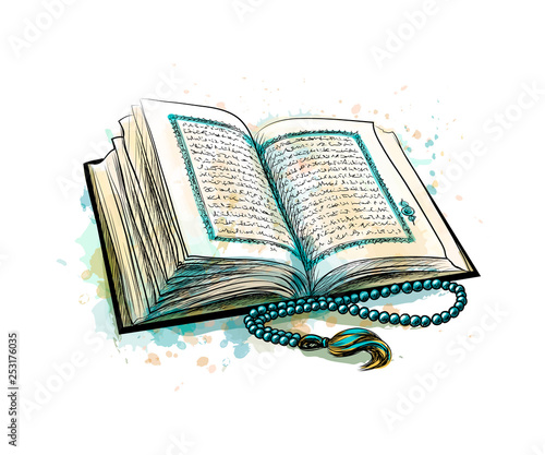 Holy book of Koran with rosary from splash of watercolors. Muslim holiday, Eid Mubarak, Eid al-fitr, Ramadan Kareem. Hand drawn sketch