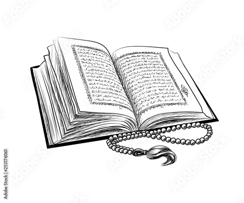 Holy book of Koran with rosary. Muslim holiday, Eid Mubarak, Eid al-fitr, Ramadan Kareem. Hand drawn sketch