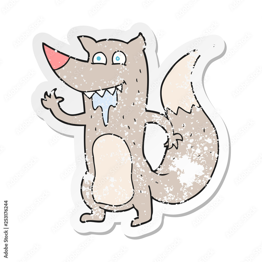 retro distressed sticker of a cartoon hungry wolf retro distressed sticker of a cartoon hungry wolf