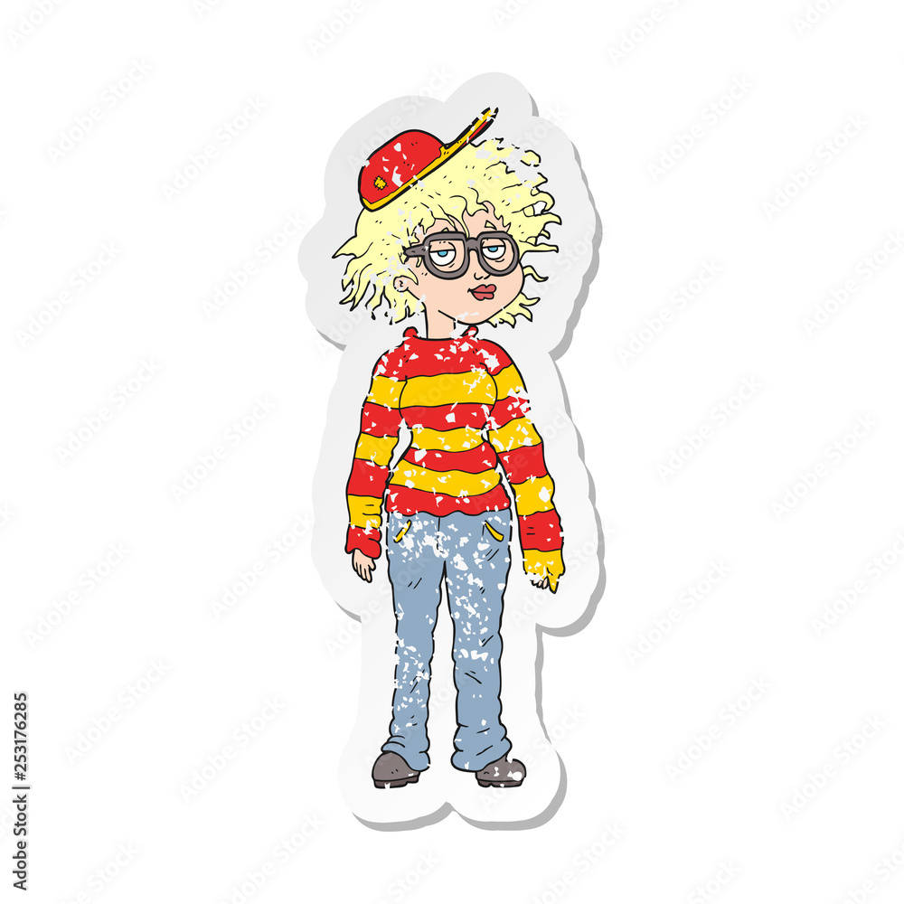 retro distressed sticker of a cartoon geeky girl