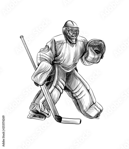 Hockey goalie player. Hand drawn sketch. Winter sport
