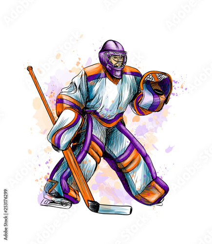 Abstract hockey goalkeeper from splash of watercolors. Hand drawn sketch. Winter sport