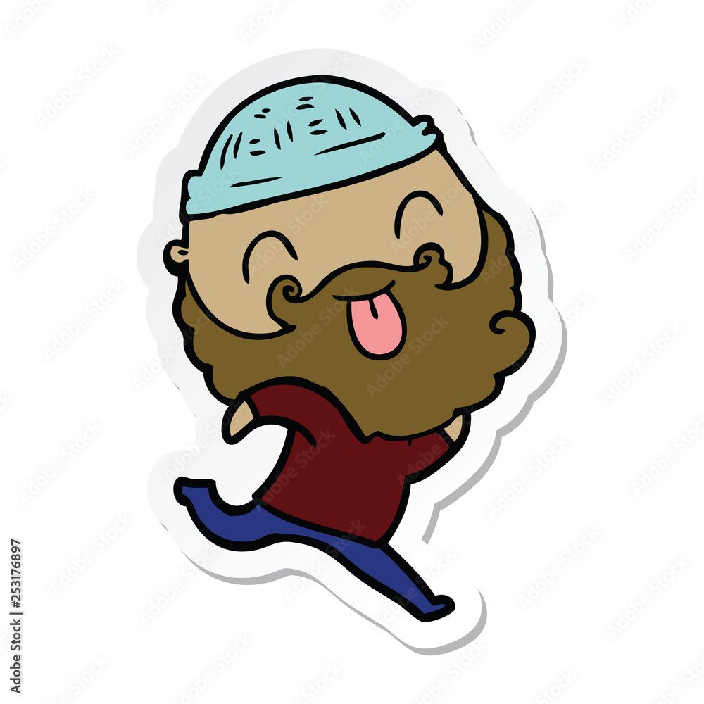 sticker of a running man with beard sticking out tongue