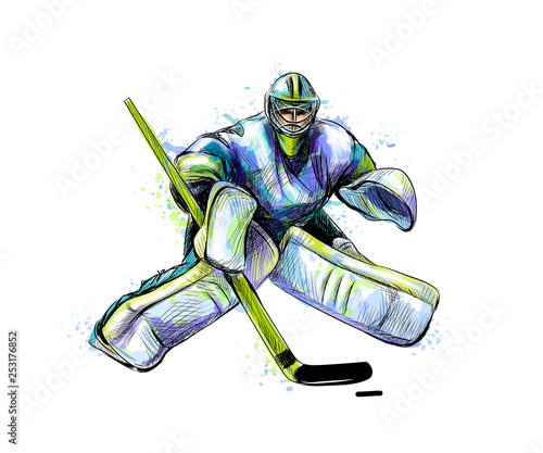 Abstract hockey goalkeeper from splash of watercolors. Hand drawn sketch. Winter sport photo