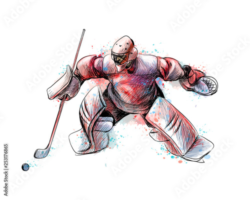 Abstract hockey goalkeeper from splash of watercolors. Hand drawn sketch. Winter sport