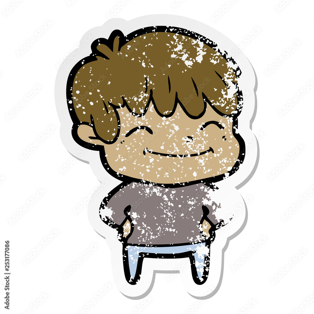 distressed sticker of a happy cartoon boy distressed sticker of a happy cartoon boy
