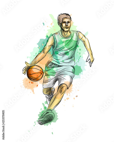 Abstract basketball player with ball from a splash of watercolor